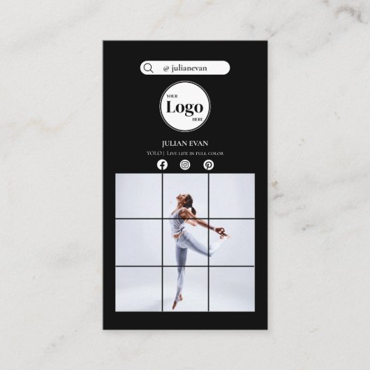 モダンシンプルBlack Instagramフォトソーシャルメディア 名刺 (正面)