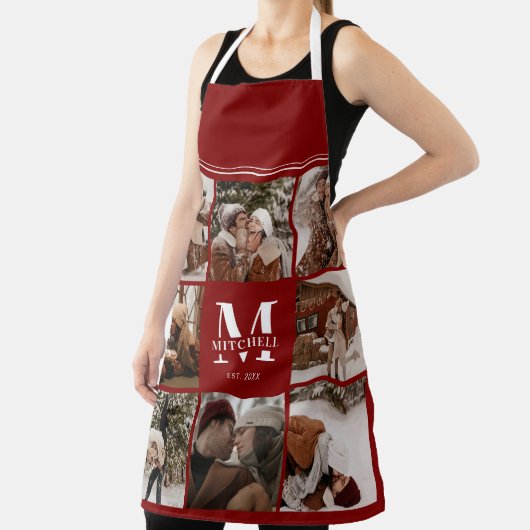 モダンシンプルBurgundy Photo Collage Monogram Gift エプロン (インサイチュ)