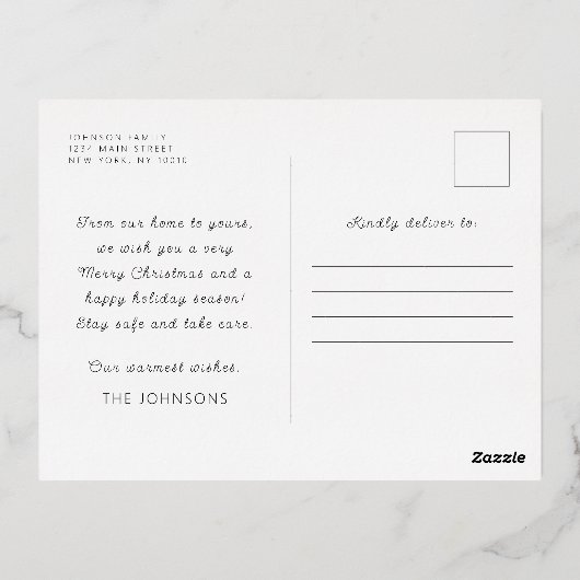 モダンシンプルCursive Script Greeting Family Photo 箔シーズンポストカード (裏面)