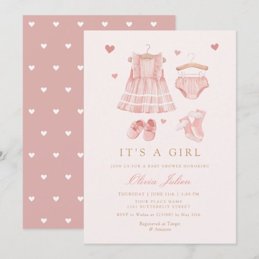 モダンシンプルCute Boho Cloths Girl Baby Shower 招待状 (正面/裏面)