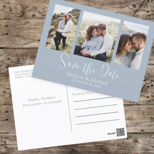 モダンシンプルDusty Blueエレガント 3写真予算 ポストカード