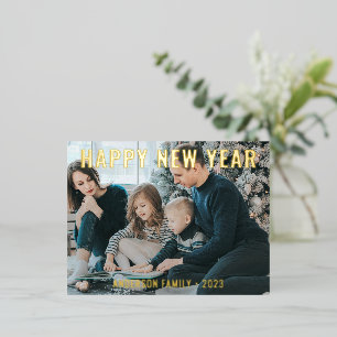 モダンシンプルHappy New Year Family Photo 箔シーズンポストカード