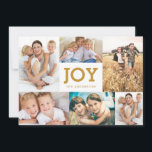 モダンシンプルJoy Holiday Photo Collage Card シーズンカード<br><div class="desc">共有このおもしろいで季節の喜びモダン、デザインは、白の金ゴールドでシンプルタイポグラフィと家族の6つの写真のコラージュを特徴コンテンポラリー。背面には、ランダムな金ゴールドドットの調整パターンが追加しゃれているし、スタイル。</div>