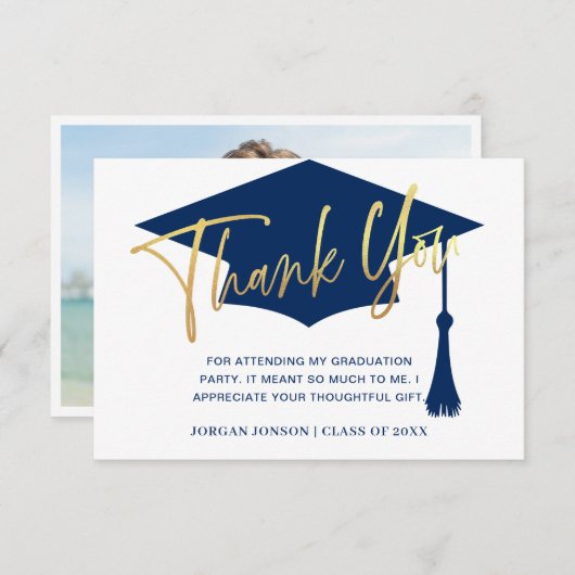 モダンシンプルPHOTOゴールデンネイビー卒業 サンキューカード (正面/裏面)