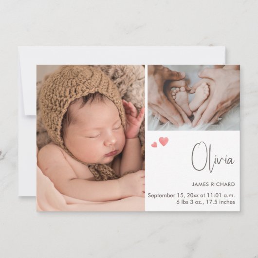 モダンシンプルPhoto Collageハートありがとうございます誕生 案内状 (正面)