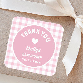 モダンシンプルPink Gingham Baby Shower Thank You スクエアシール