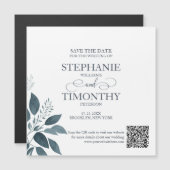 モダンシンプルQRコード日付を青で保存結婚する マグネット招待状 (正面/裏面)