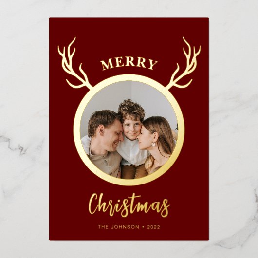 モダンシンプルReindeer Hornフォトレッド 箔シーズンカード (正面)