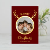 モダンシンプルReindeer Hornフォトレッド 箔シーズンカード (立ち正面)