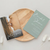 モダンシンプルSage Greenとフォトブライダルシャワー 招待状