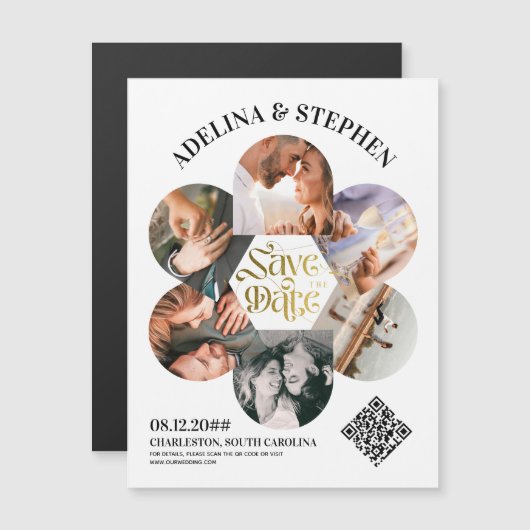 モダンシンプルScript 6写真QRコード日付の保存 マグネット招待状 (正面/裏面)