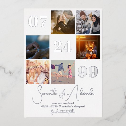 モダンシンプルScript 6写真QRコード日付の保存 箔招待状 (正面)