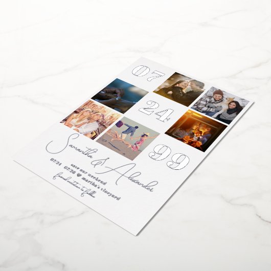 モダンシンプルScript 6写真QRコード日付の保存 箔招待状 (回転した状態)