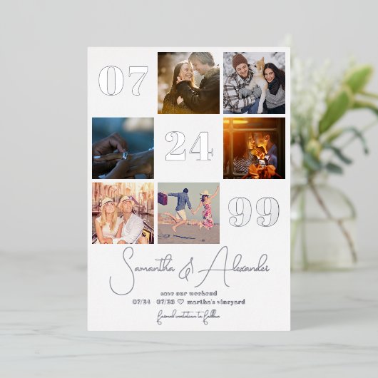 モダンシンプルScript 6写真QRコード日付の保存 箔招待状 (立ち正面)