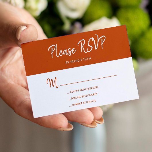 モダンシンプルTerracottaスクリプトウェディングRSVP エンクロージャーカード