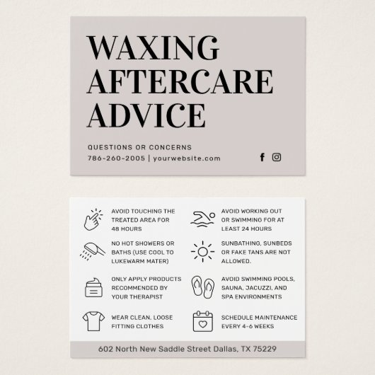 モダンシンプルWaxing Aftercare Card脱毛 (正面&裏面)