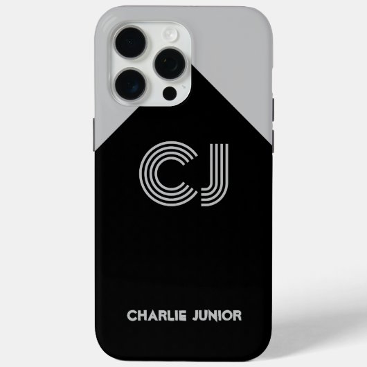 モダンジオメトリック ブラック&グレー モノグラム 名前入り Case-Mate iPhoneケース (裏面)