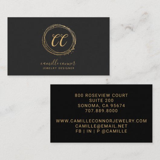 モダンジュエリーデザイフェイクナーゴールドフォイルブラック 名刺 (正面/裏面)