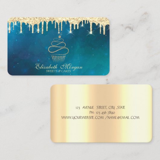 モダンスイーツカップケーキ金ゴールドドリップ料理 名刺 (正面/裏面)
