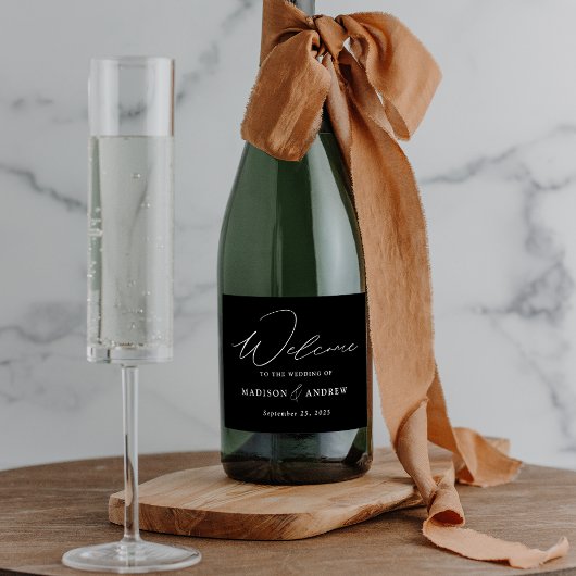 モダンスエレガントクリプトの白黒結婚文字 スパークリングワインラベル