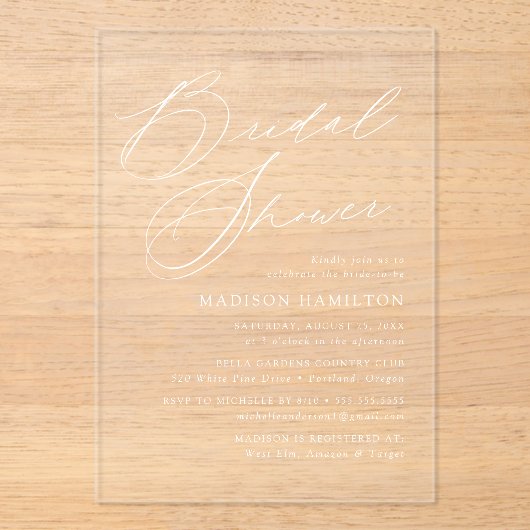 モダンスエレガントクリプトブライダルシャワー アクリル招待状 (正面)