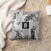 モダンスクエア ブラックグリッド モノグラム 4 フォト コラージュ クッション (ブランケット)