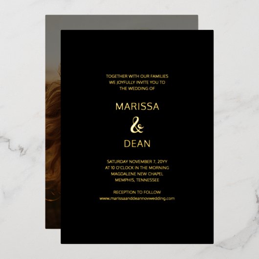 モダンスクリプしゃれているトMinimalistブラックフォト結婚ズ 箔招待状 (正面/裏面)