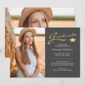 モダンスクリプエレガントトのグレーと金ゴールド | 2フォトグラード 案内状 (正面/裏面)