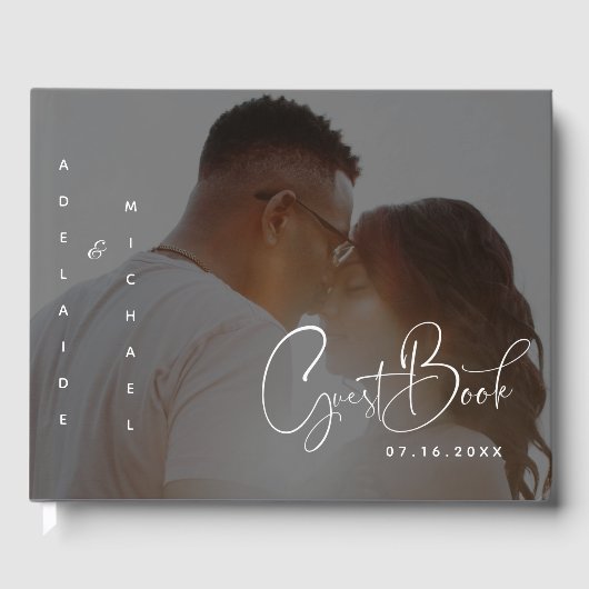 モダンスクリプエレガントトのミニマル写真結婚の数 ゲストブック (正面)
