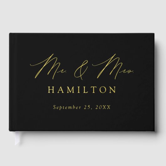 モダンスクリプエレガントトの黒い写真結婚の数 ゲストブック (正面)