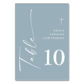 モダンスクリプエレガントトほこりっぽい青の最初のコミュニティ テーブルナンバー (裏面)