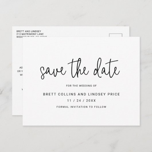 モダンスクリプエレガントトシンプル結婚式の日付の保存 案内ポストカード (正面/裏面)