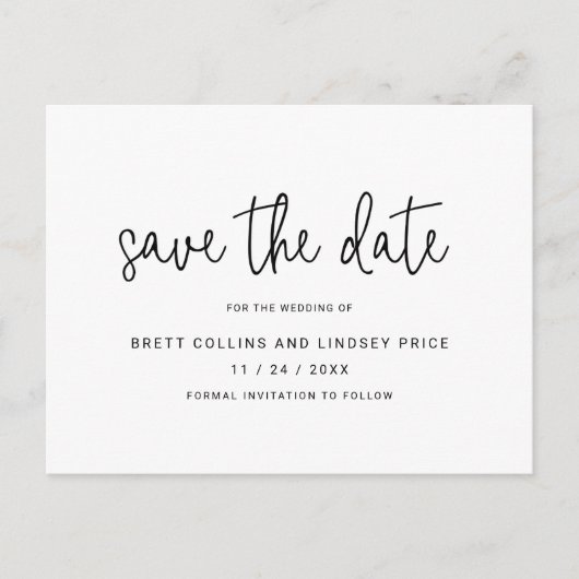 モダンスクリプエレガントトシンプル結婚式の日付の保存 案内ポストカード (正面)