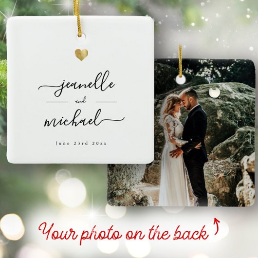 モダンスクリプエレガントトミニマル金ゴールドハート結婚の セラミックオーナメント