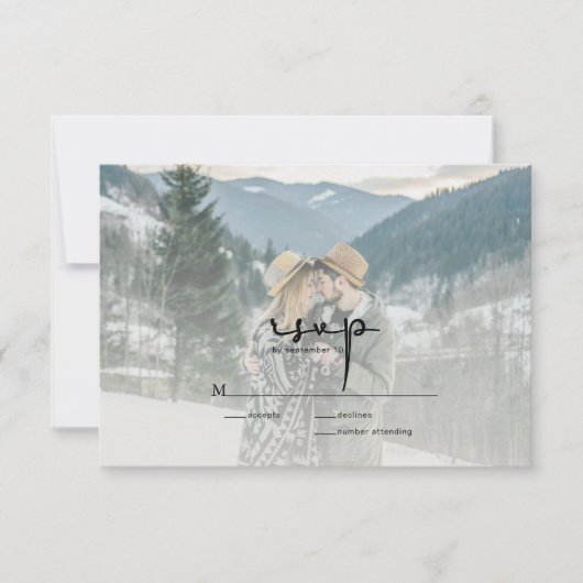 モダンスクリプエレガントト写真ウェディングRSVPカード 出欠カード (正面)