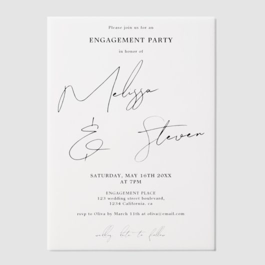 モダンスクリプエレガントト白黒婚約 ベラム紙招待状 (正面)