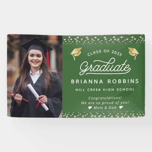 モダンスクリプエレガントト金ゴールド卒業写真(緑) 横断幕 (横)