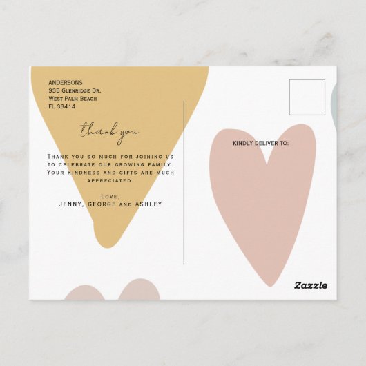 モダンスクリプトありがとう3枚の写真 ベビーシャワー ポストカード (裏面)