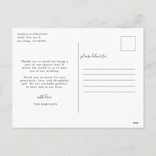 モダンスクリプトとハート結婚の感謝の写真 シーズンポストカード (裏面)