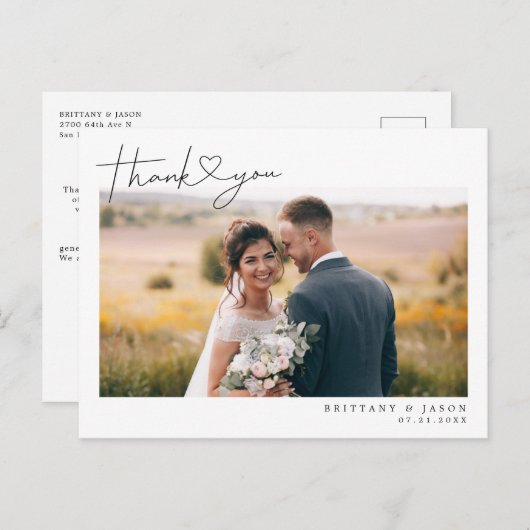 モダンスクリプトとハート結婚の感謝の写真 ポストカード (正面/裏面)