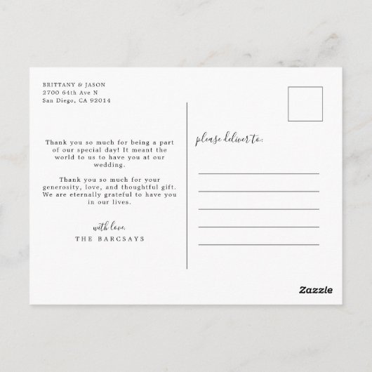 モダンスクリプトとハート結婚の感謝の写真 ポストカード (裏面)