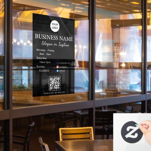 モダンスクリプトとQRコード&ソーシャルメディア付きの店舗営業時間表示 ウィンドウサイン (レストラン窓)