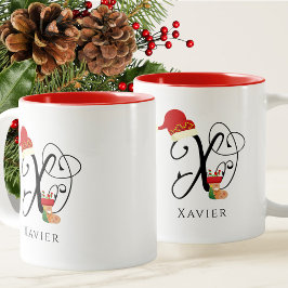 モダンスクリプトのイニシャルXのクリスマスデザイン ツートーンマグカップ