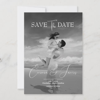 モダンスクリプトのエレガントなグレースケールの結婚式の写真 セーブザデート
