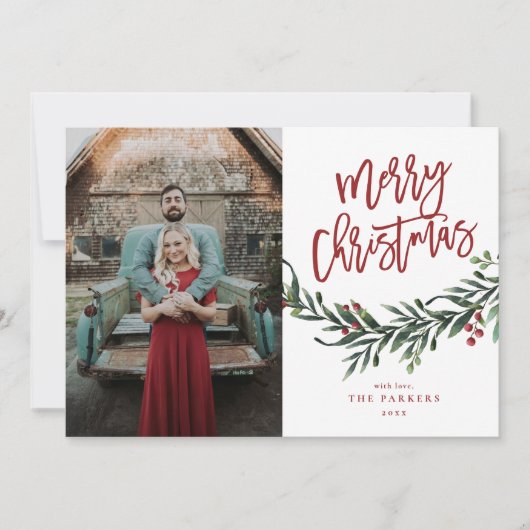 モダンスクリプトのクリスマスグリーン写真 シーズンカード (正面)