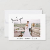 モダンスクリプトのシンプルな2枚の写真の結婚式 サンキューカード (正面)