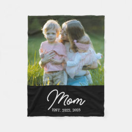 モダンスクリプトのブラックフォントでMom Establishedとデザインされたフォト フリースブランケット