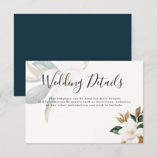 モダンスクリプトのマグノリアのウェディングディテールカード 招待状 (正面/裏面)