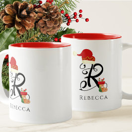 モダンスクリプトの上品なイニシャルRのクリスマスデザイン ツートーンマグカップ