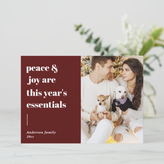 モダンスクリプトの引用:平和と喜びのホリデー写真 シーズンカード (スタンド正面)